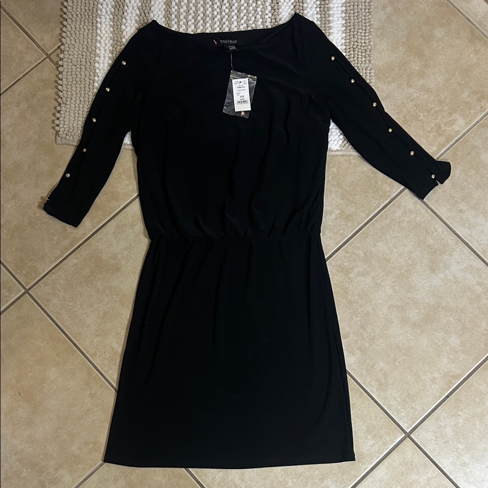 White House Black Market Long Sleeve Black Dress with Gold Accents